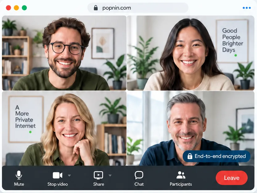 A four-person Popnin call in a browser window, marked end-to-end encrypted